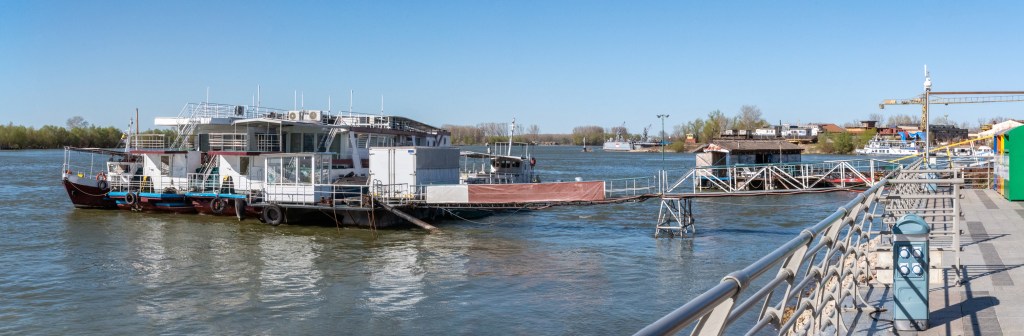 Passenger boarding pontoon at Tulcea harbour, gateway to the Danube Delta, Romania