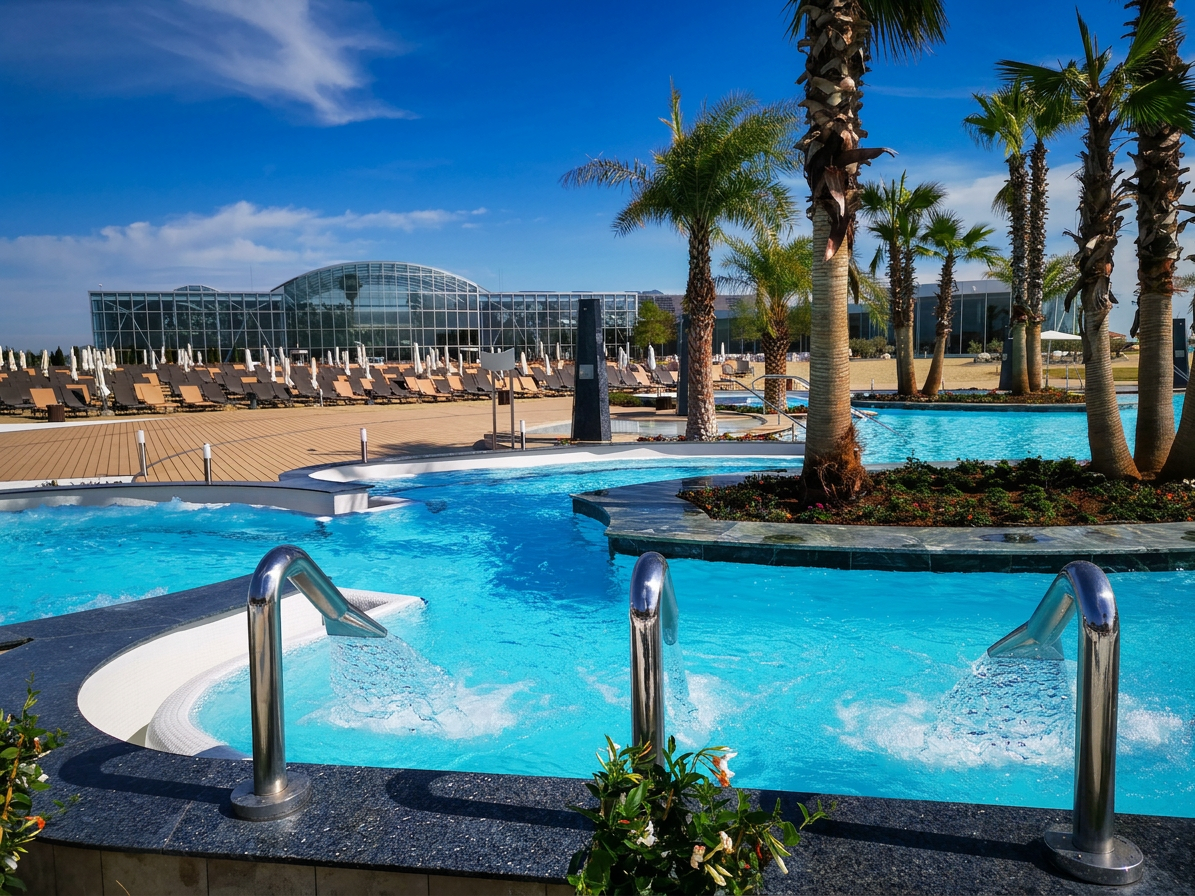 Outdoor thermal pools at Therme Bucharest, Romania