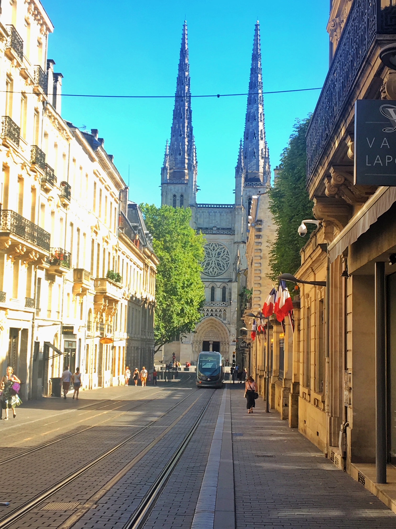 Rue bordée d'arbres à Bordeaux avec tramway et flèches de la cathédrale Saint-André en arrière-plan