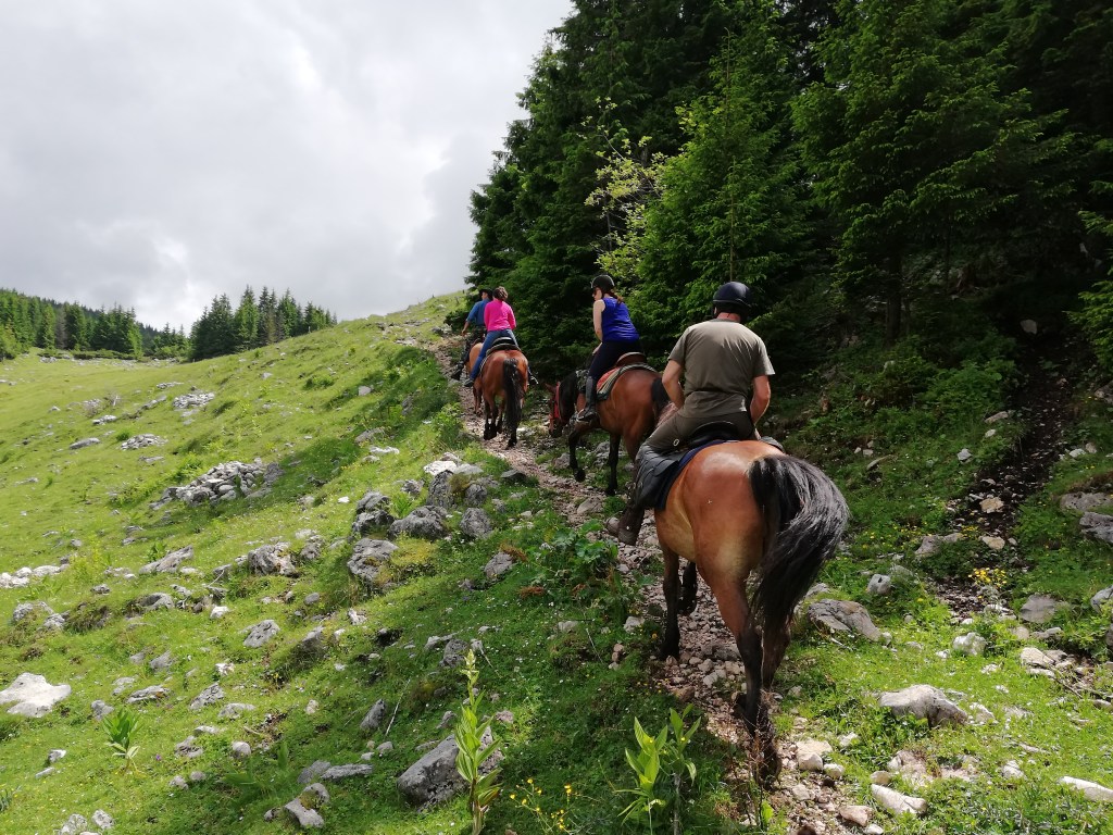 Horseback riders crossing highland pastures in the Harghita Mountains.