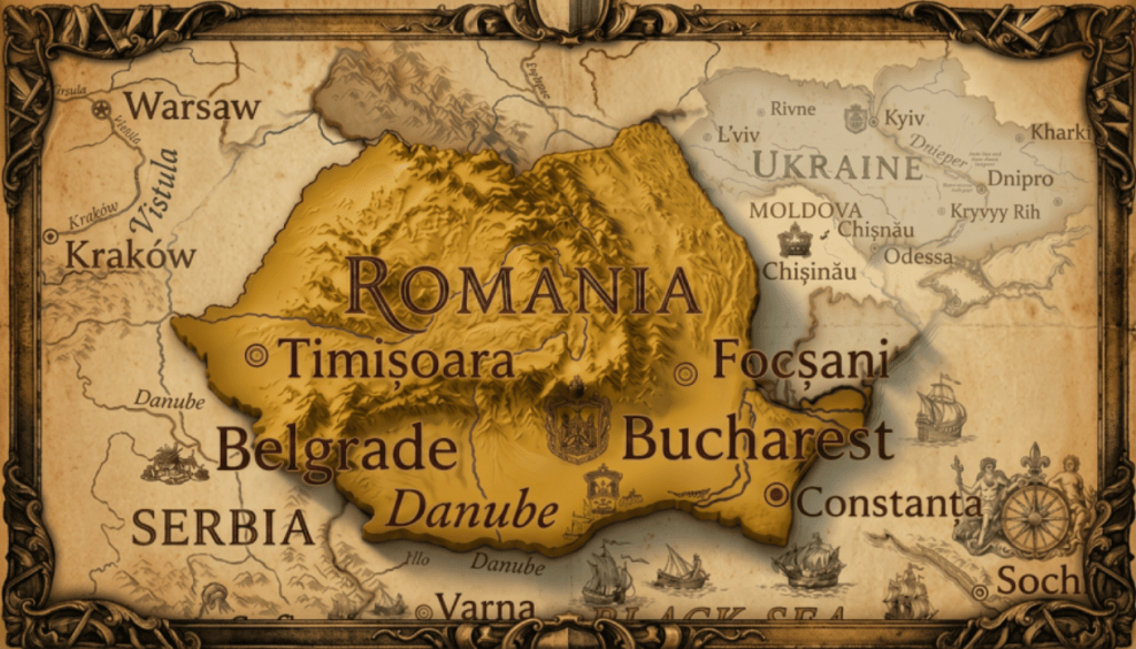 Carte ancienne montrant la Roumanie en relief parmi ses voisins, l'Ukraine, la Moldavie et la Russie.