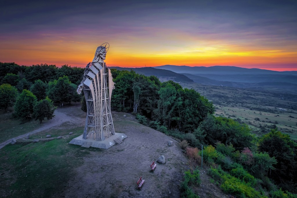 The Heart of Jesus statue on Gordon Hill at sunset, Harghita County.
