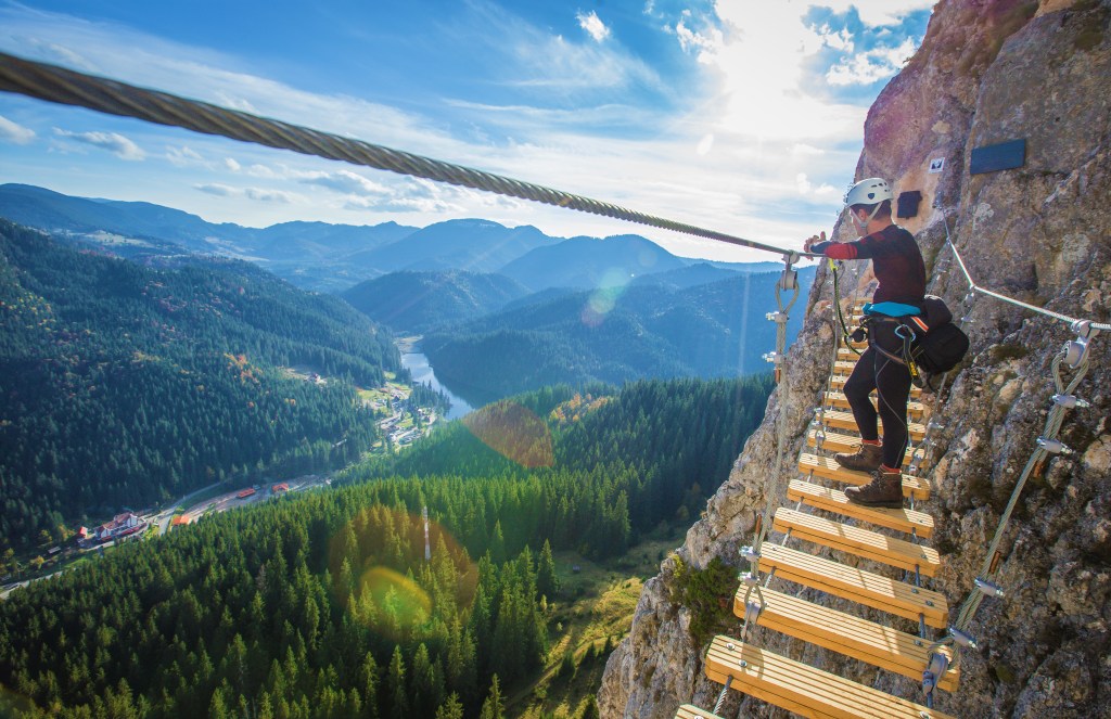 Via ferrata staircase above the Vârghiș Gorge in Harghita County.
